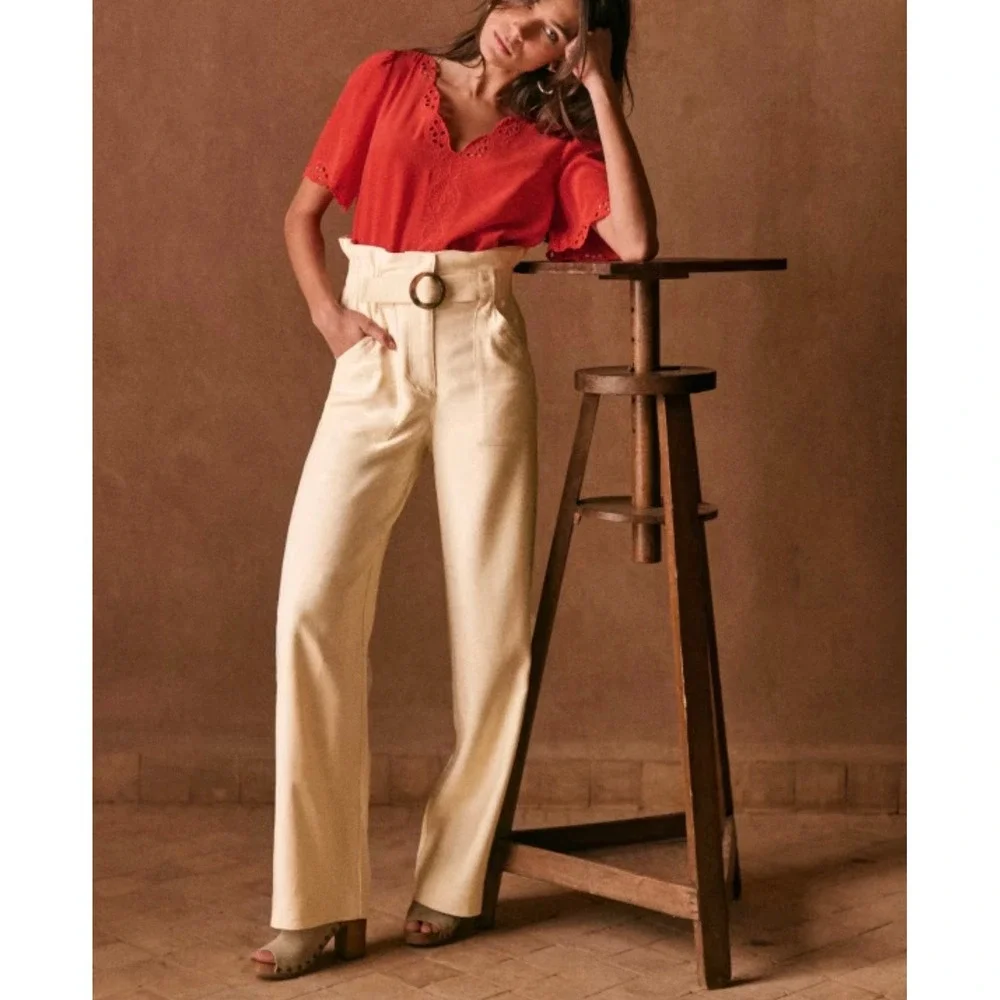 Sezane Silas Cream Linen Blend Paperbag Waist Wide Leg Trousers Pants Ecru Sz 46